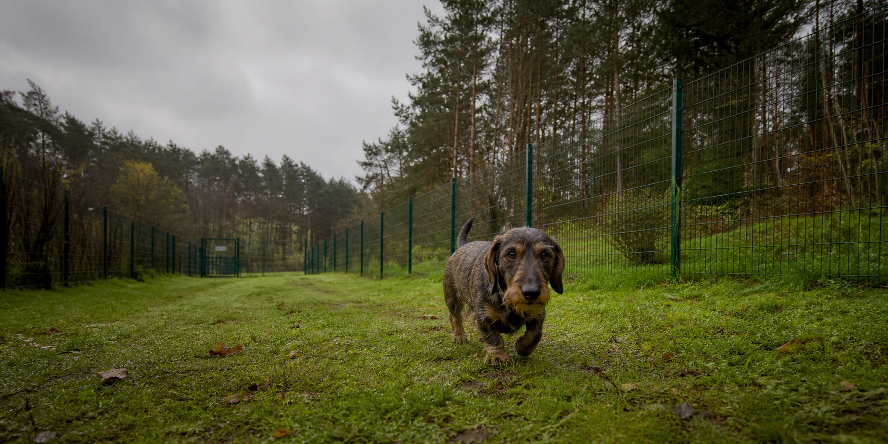 Rauhaardackel auf einer weitläufigen eingezäunten Hundewiese