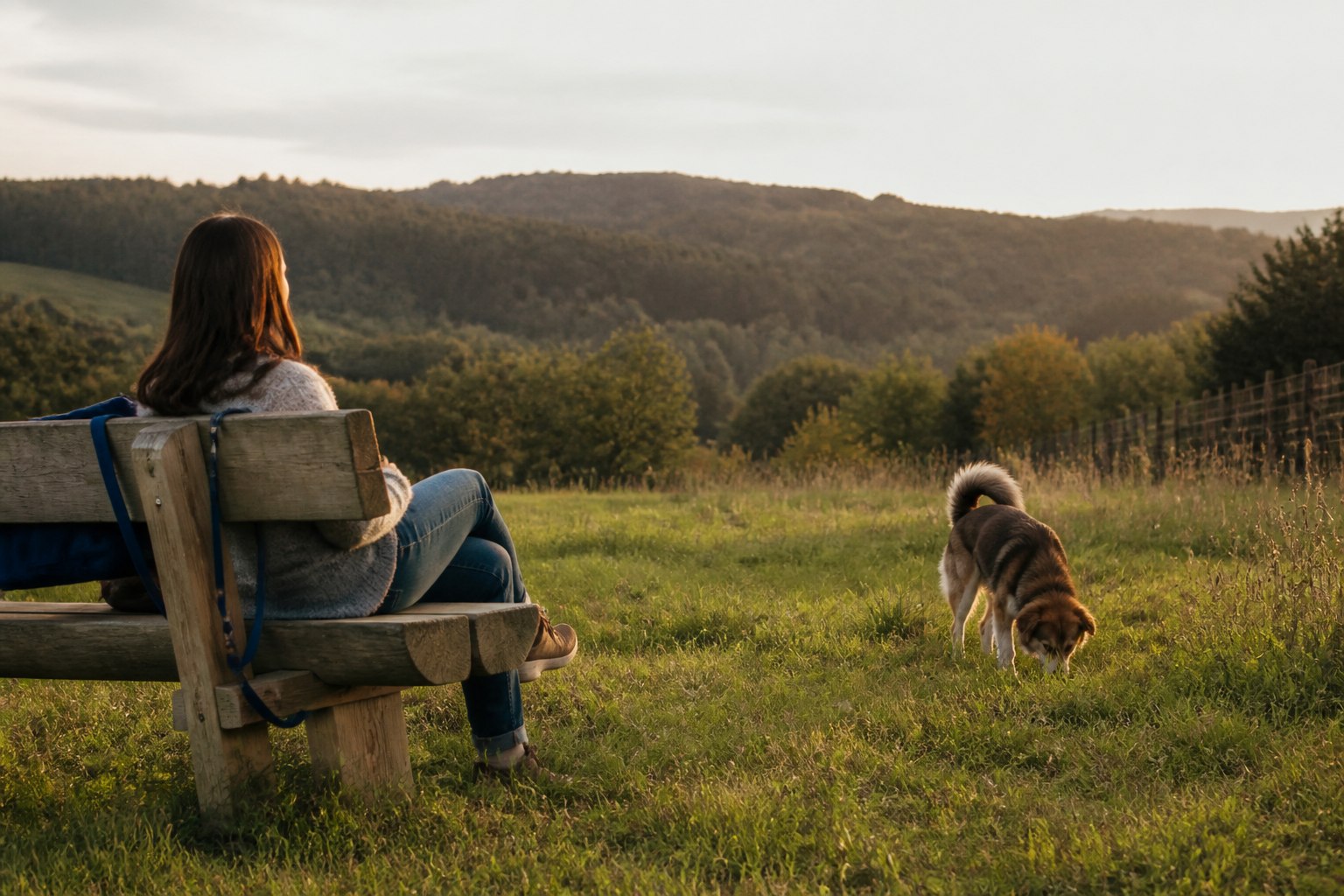 Hundehalterin genießt mit ihrem Hund eine ruhige, eingezäunte Wiese