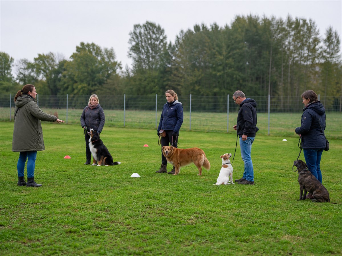 Kleine Trainingsgruppe mit mehreren Mensch-Hund-Teams auf einer eingezäunten Wiese